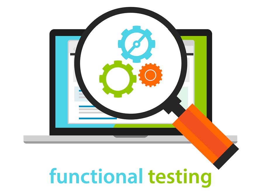 Functional Testing Computer with magnifying glass and gears