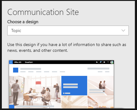 communication site design setup screen