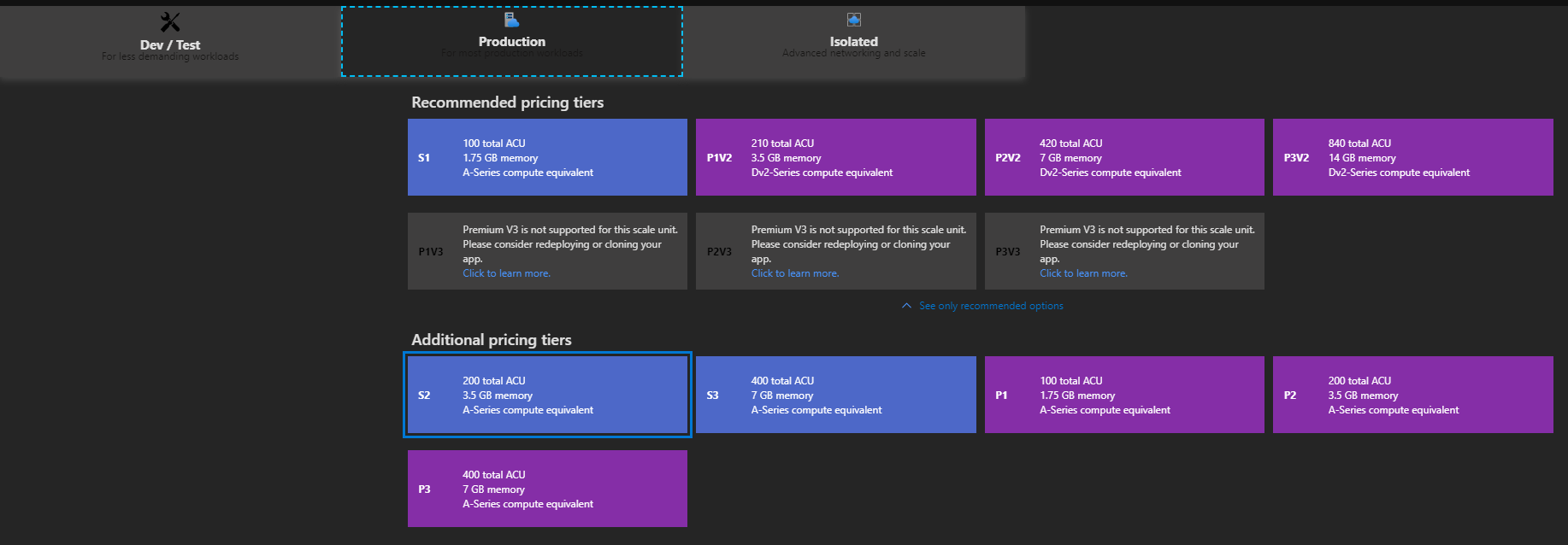 Azure App Service pricing tiers